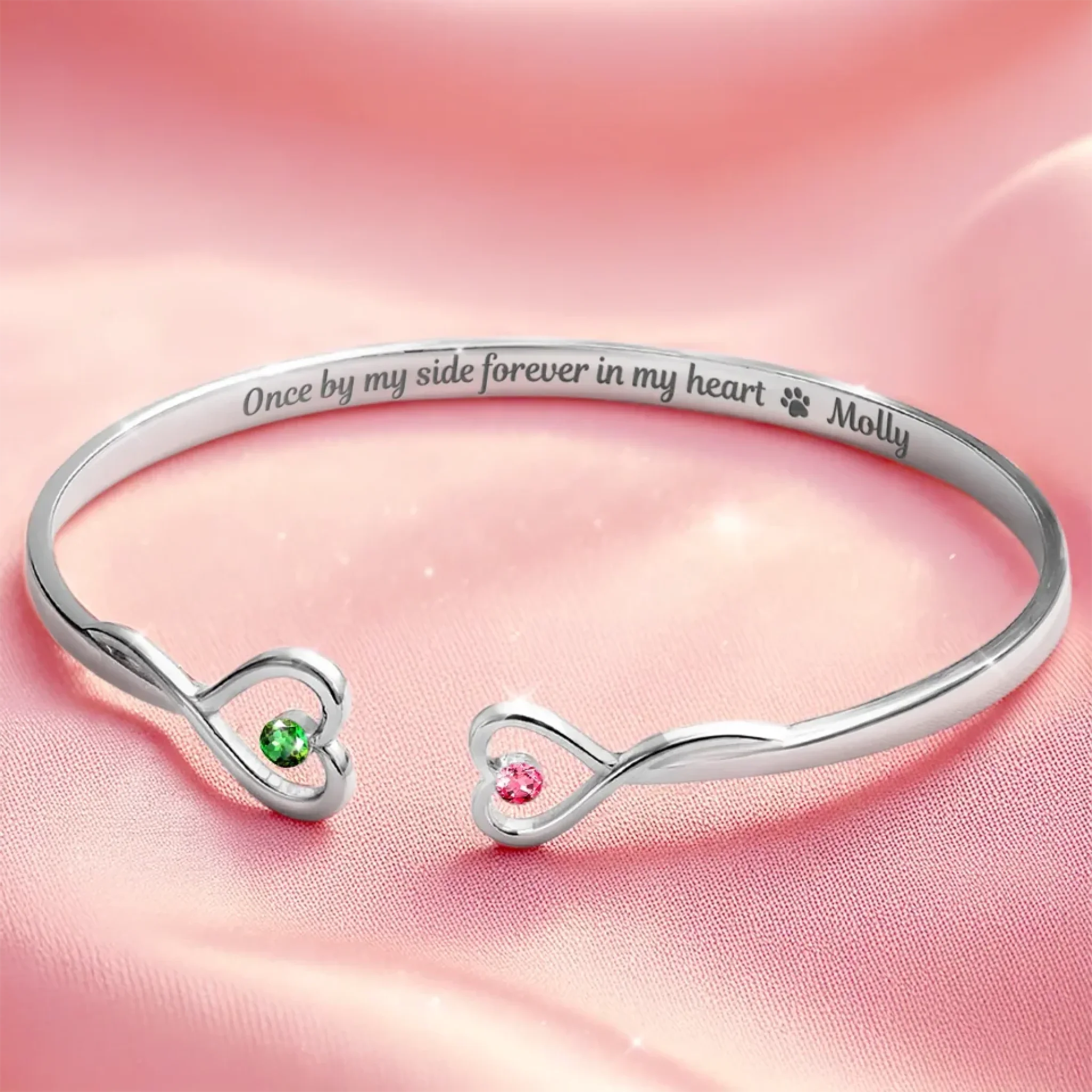 Once By My Side Forever In My Heart - Memorial Personalized Custom Engraved Infinity Heart Bangle With Birthstones - Sympathy Gift For Pet Owners, Pet Lovers - Image 3
