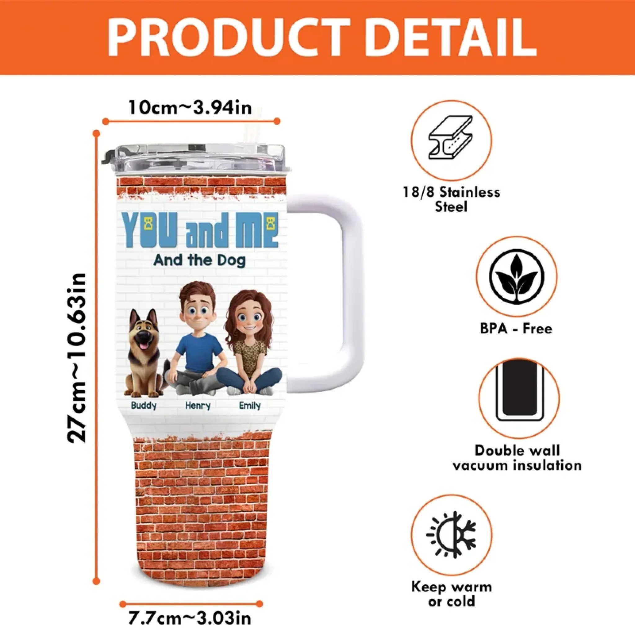 Only Us, Love And Wagging Tails - Couple Personalized Custom 40 Oz Stainless Steel Tumbler With Handle - Gift For Husband Wife, Anniversary, Pet Owners, Pet Lovers - Image 4