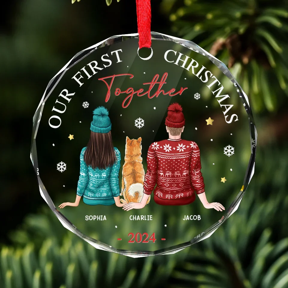 Our First Christmas Together - Dog & Cat Personalized Custom Circle Glass Ornament - Christmas Gift For Husband Wife, Anniversary, First Christmas, Pet Owners, Pet Lovers - Image 3