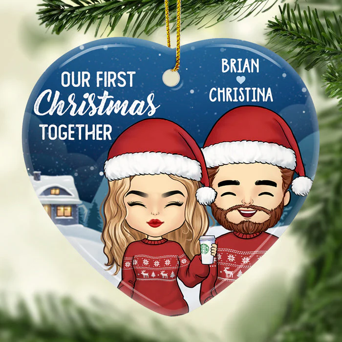 Our First Christmas Together - Personalized Custom Heart Shaped Ceramic Christmas Ornament - Gift For Couple, Husband Wife, Anniversary, Engagement, Wedding, Marriage Gift, Christmas Gift