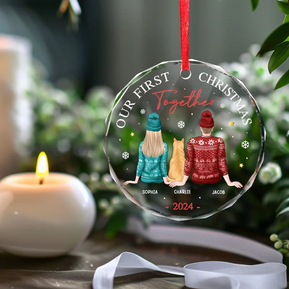 Our First Christmas Together With Our Pet - Dog & Cat Personalized Custom Circle Glass Ornament - Christmas Gift For Husband Wife, Anniversary, First Christmas, Pet Owners, Pet Lovers - Image 5