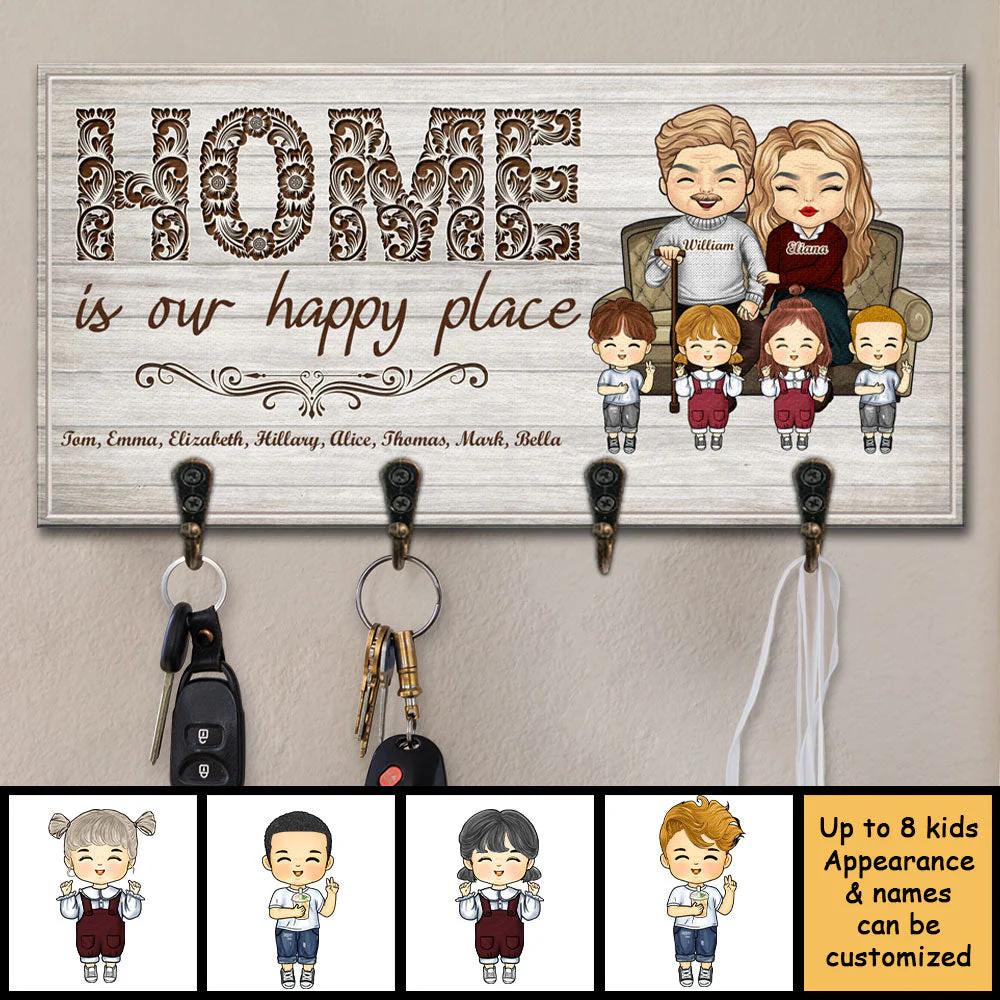 Our Happy Place Is Home - Personalized Key Hanger, Key Holder - Gift For Couples, Husband Wife - Image 3