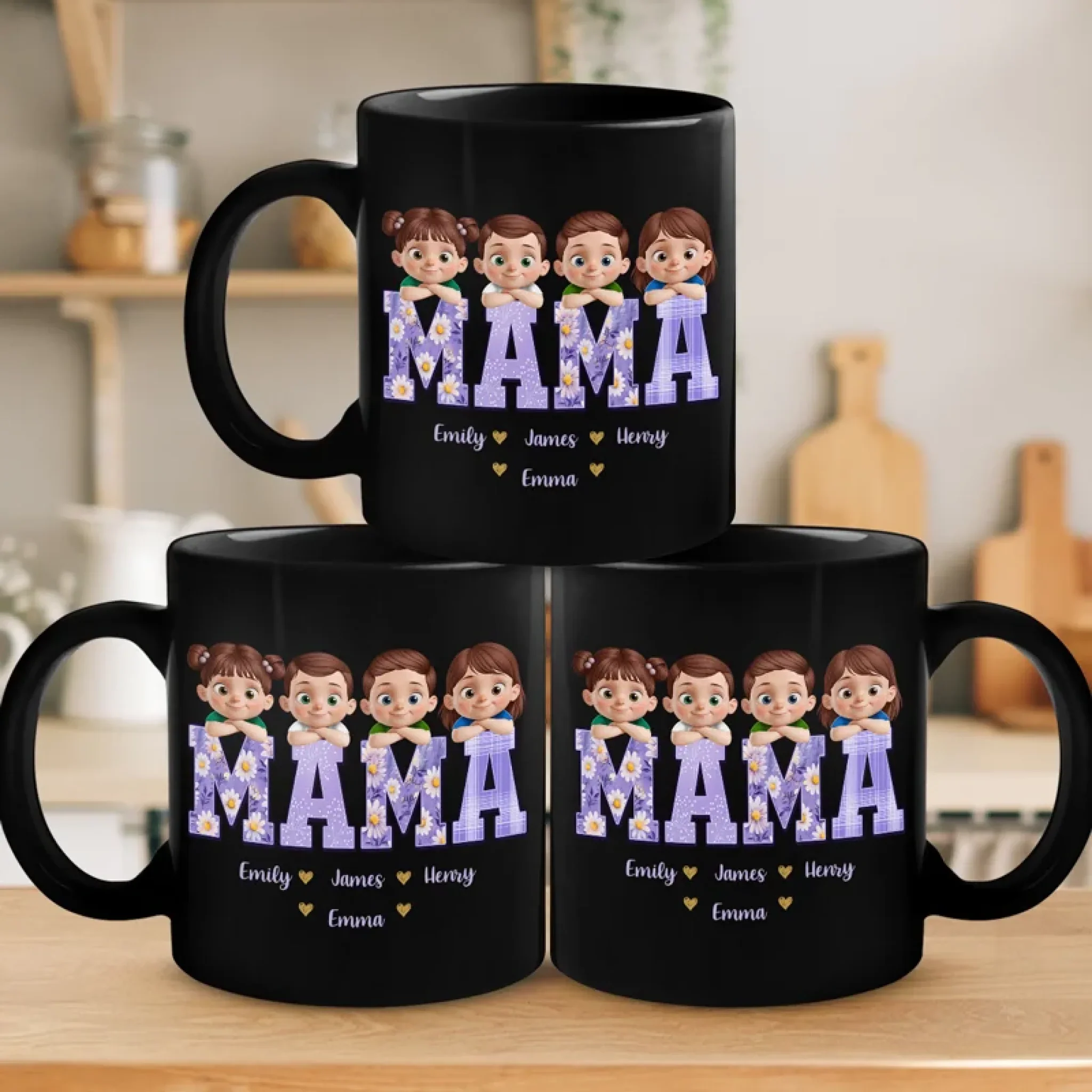 Our Hearts Belong To Mama - Family Personalized Custom Black Mug - Mother's Day, Gift For Mom, Grandma - Image 4