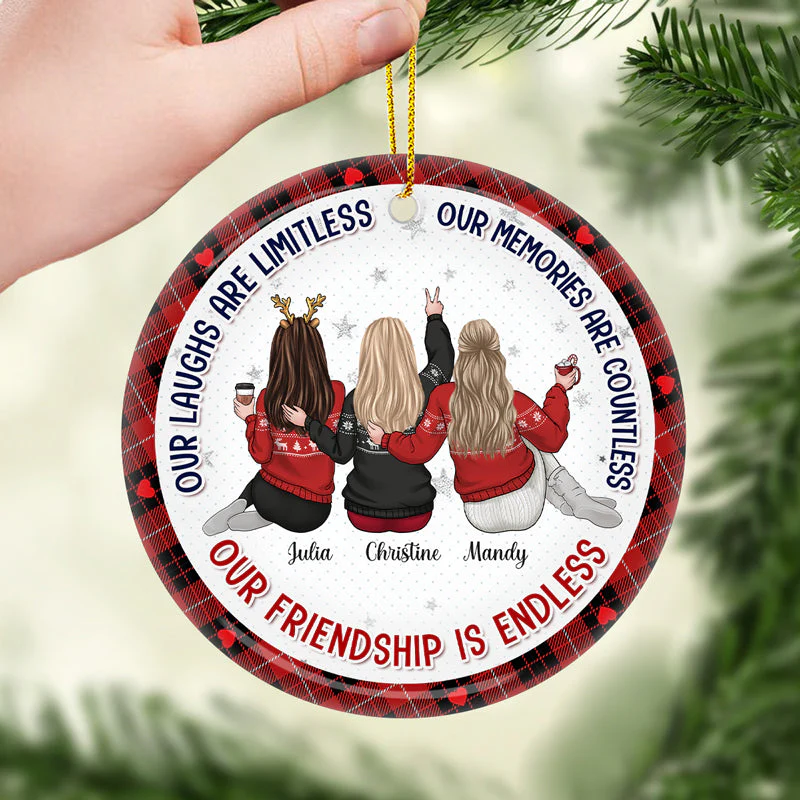 Our Laughs Are Limitless - Bestie Personalized Custom Ornament - Ceramic Round Shaped - Christmas Gift For Best Friends, BFF, Sisters - Image 2