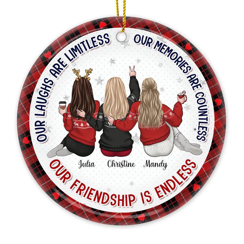 Our Laughs Are Limitless - Bestie Personalized Custom Ornament - Ceramic Round Shaped - Christmas Gift For Best Friends, BFF, Sisters - Image 3