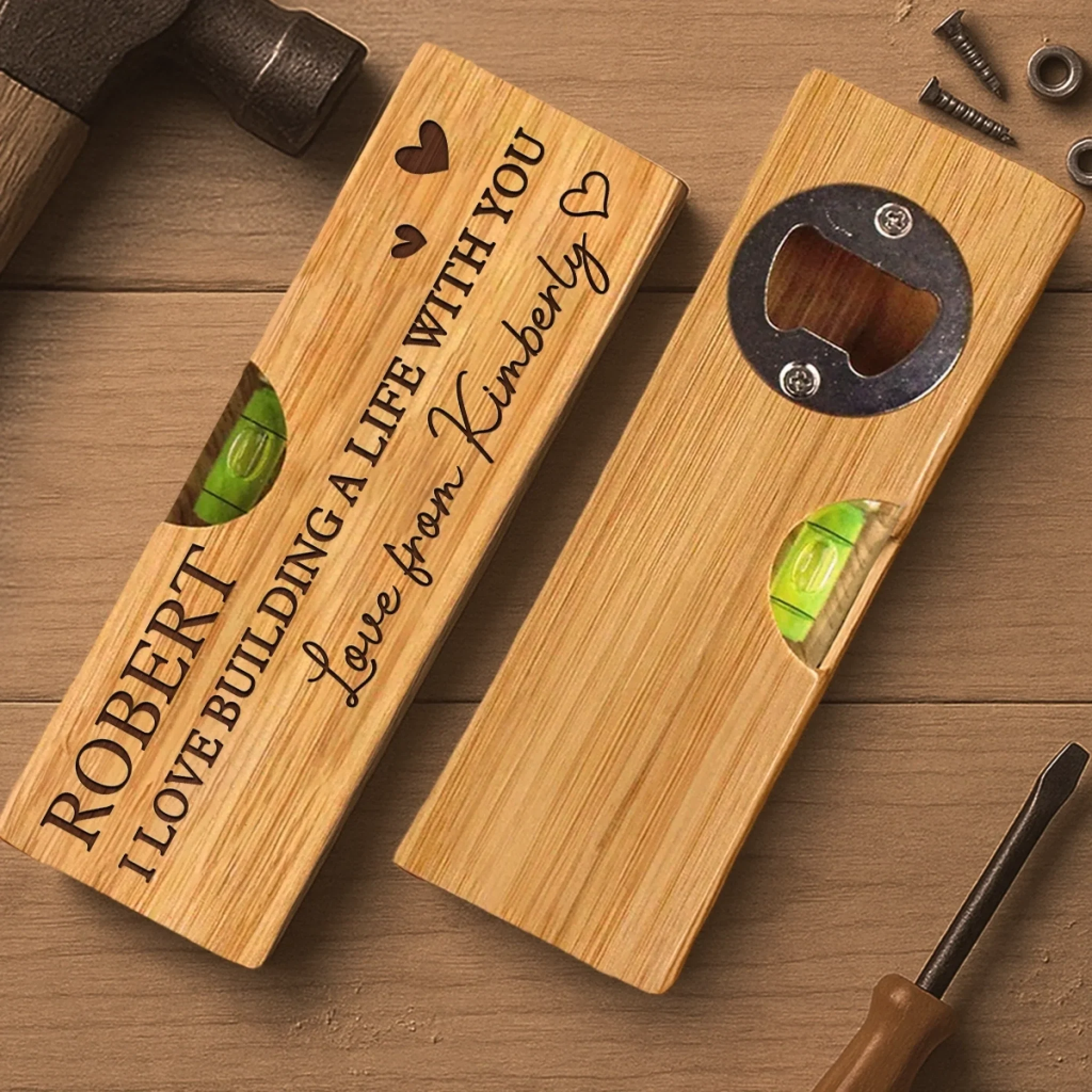 Our Love Is Always Level - Couple Personalized Custom Engraved Wooden Bottle Opener With Built-in Spirit Level - Gift For Husband Wife, Anniversary - Image 4