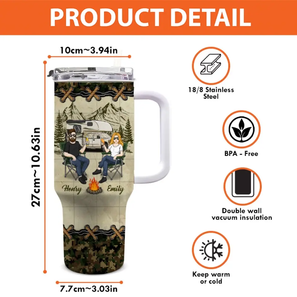 Our Love Story Is A Journey - Camping Personalized Custom 40 Oz Stainless Steel Tumbler With Handle - Gift For Husband Wife, Camping Lovers - Image 4