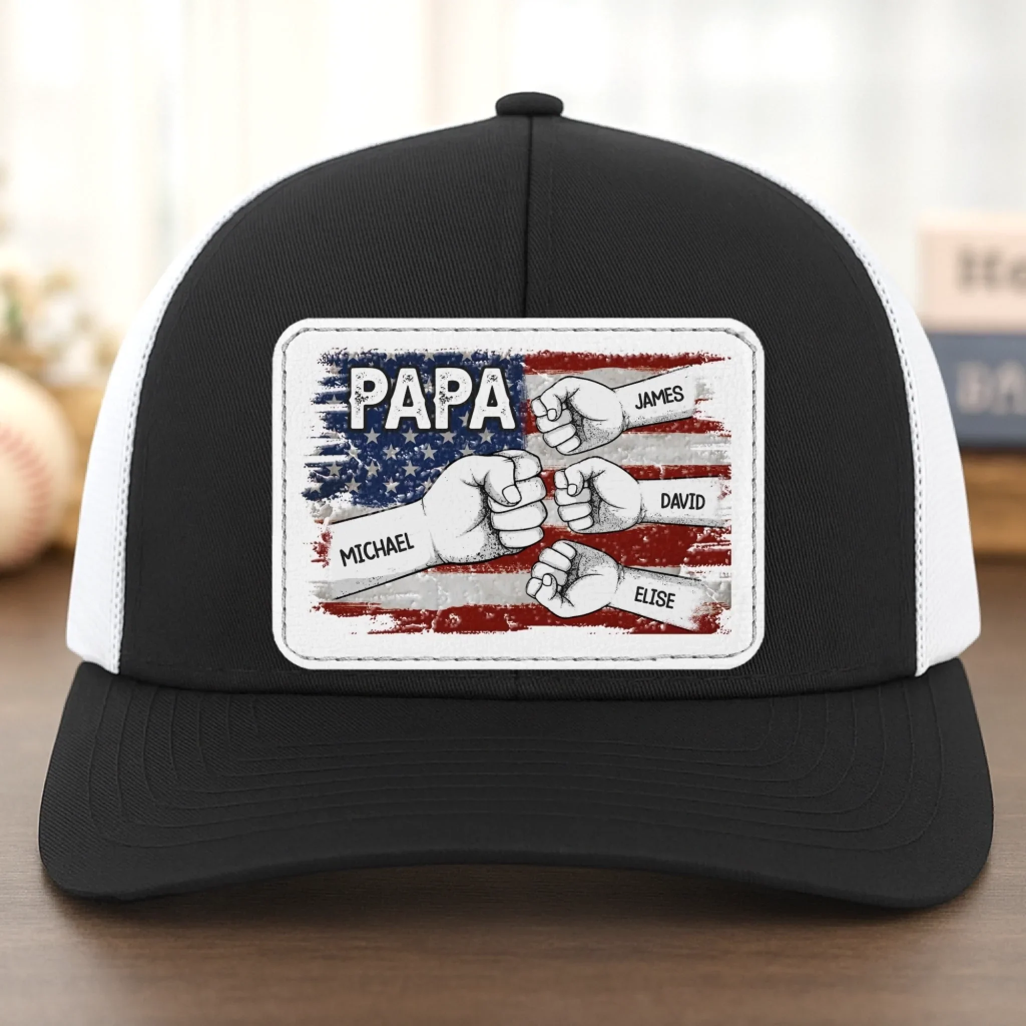 Papa & His Crew - Family Personalized Custom Leather Patch Mesh Cap - 4th Of July, Gift For Dad, Grandpa - Image 4