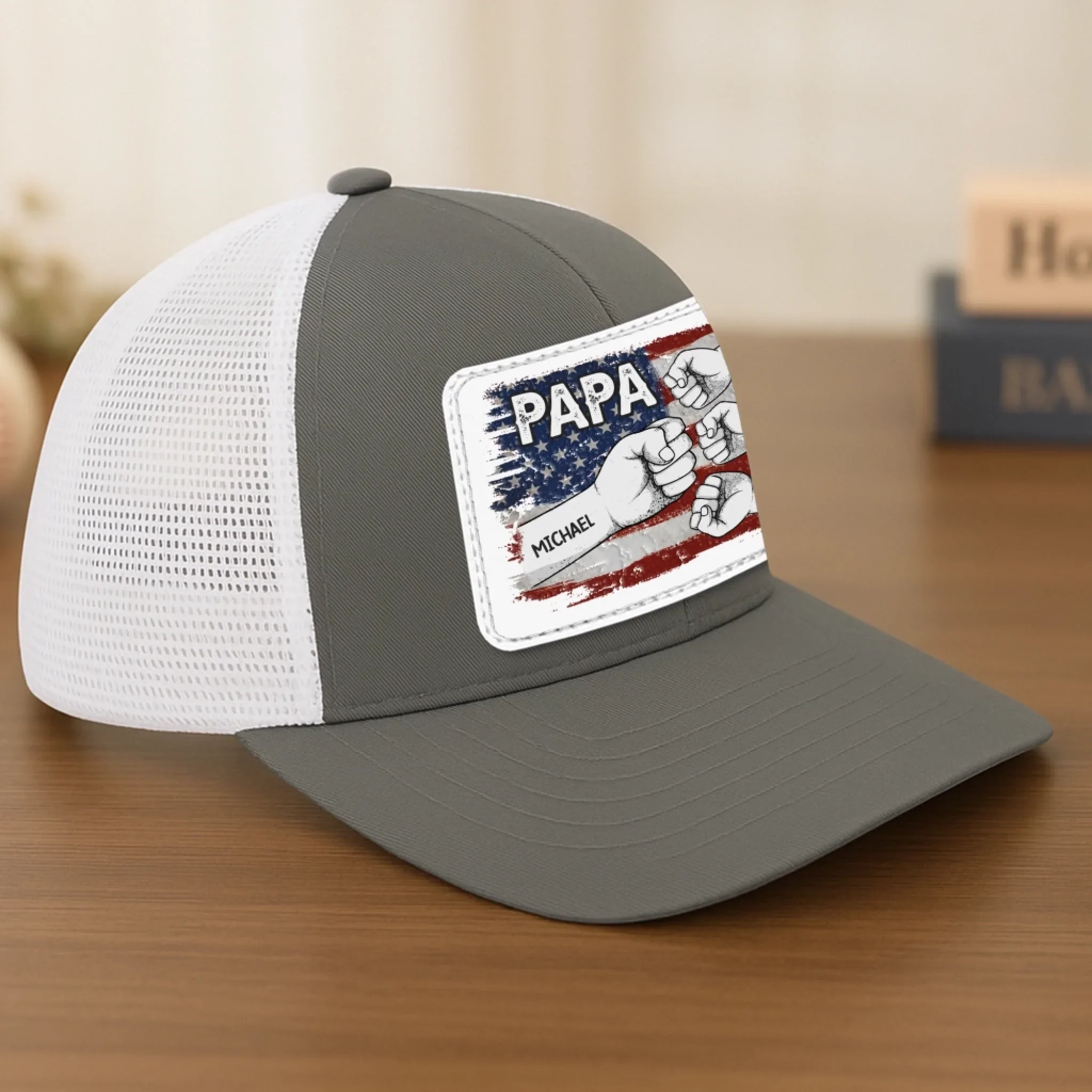 Papa & His Crew - Family Personalized Custom Leather Patch Mesh Cap - 4th Of July, Gift For Dad, Grandpa - Image 5