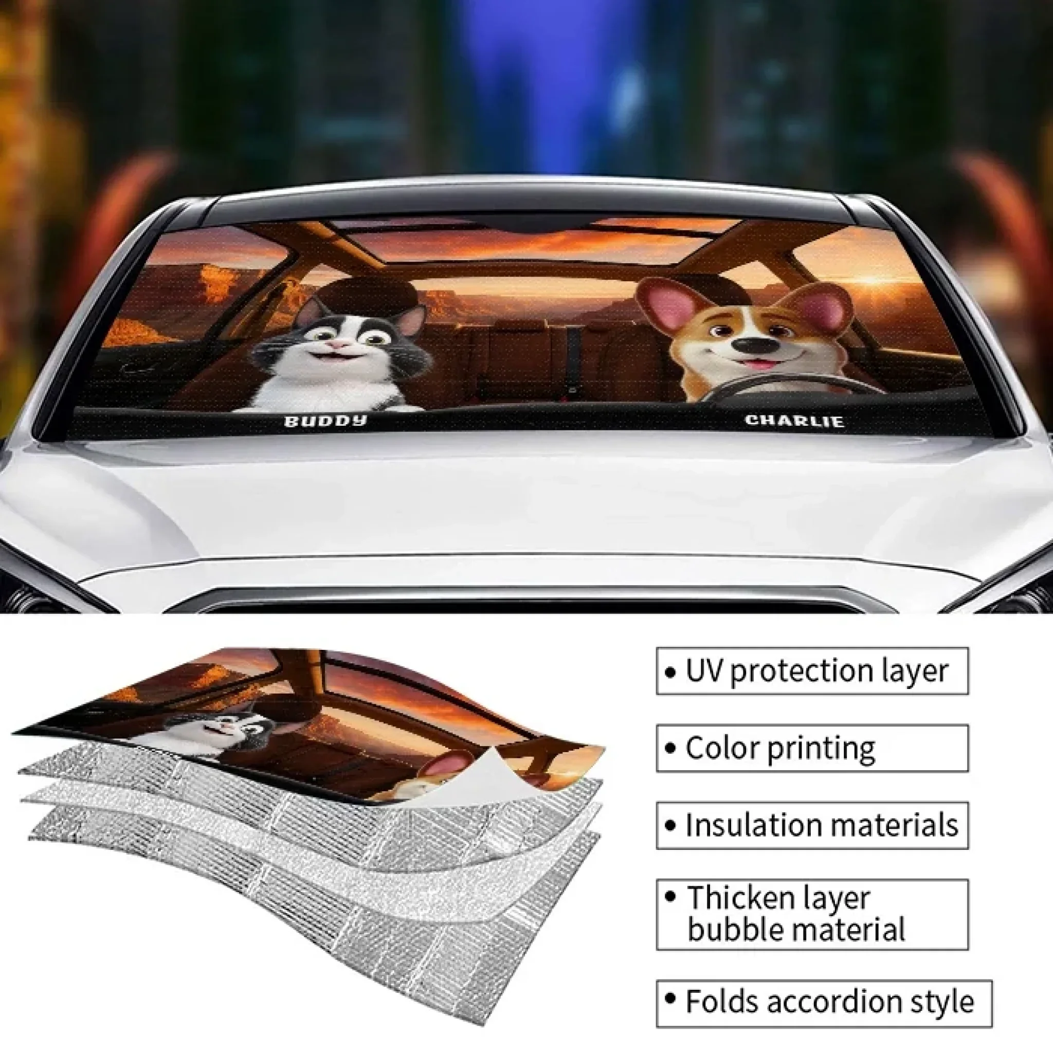 Paws On The Wheel, Tails On The Move - Dog & Cat Personalized Custom Auto Windshield Sunshade, Car Window Protector - Gift For Pet Owners, Pet Lovers - Image 4