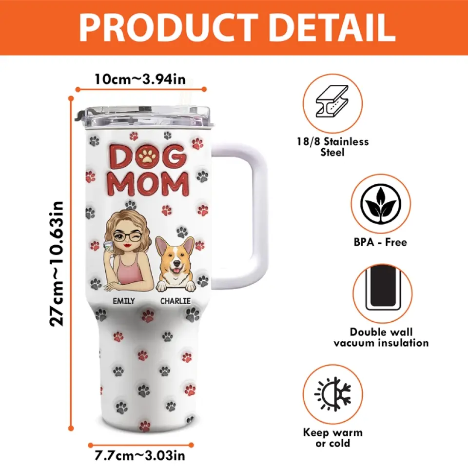 Pets Fill Your Heart - Dog & Cat Personalized Custom 3D Inflated Effect Printed 40 Oz Stainless Steel Tumbler With Handle - Gift For Pet Owners, Pet Lovers - Image 4
