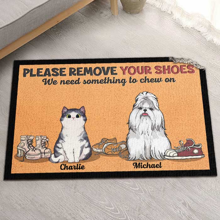 Please Remove Your Shoes, We Need Something To Chew On - Personalized Shaped Decorative Mat - Gift For Pet Lovers, Pet Owners, Pet Gift - Image 2