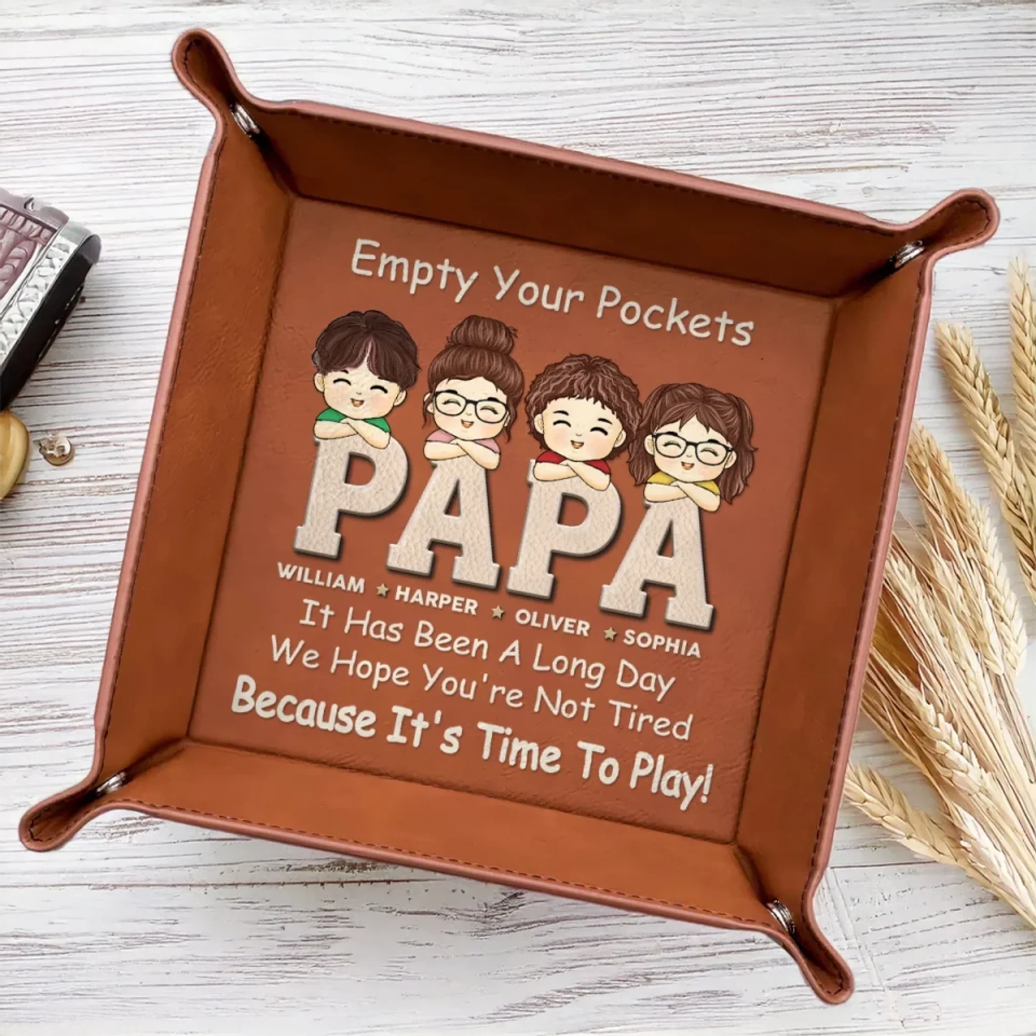 Pockets Empty, Hearts Full - Family Personalized Custom Leather Valet Tray - Father's Day, Gift For Dad, Grandpa