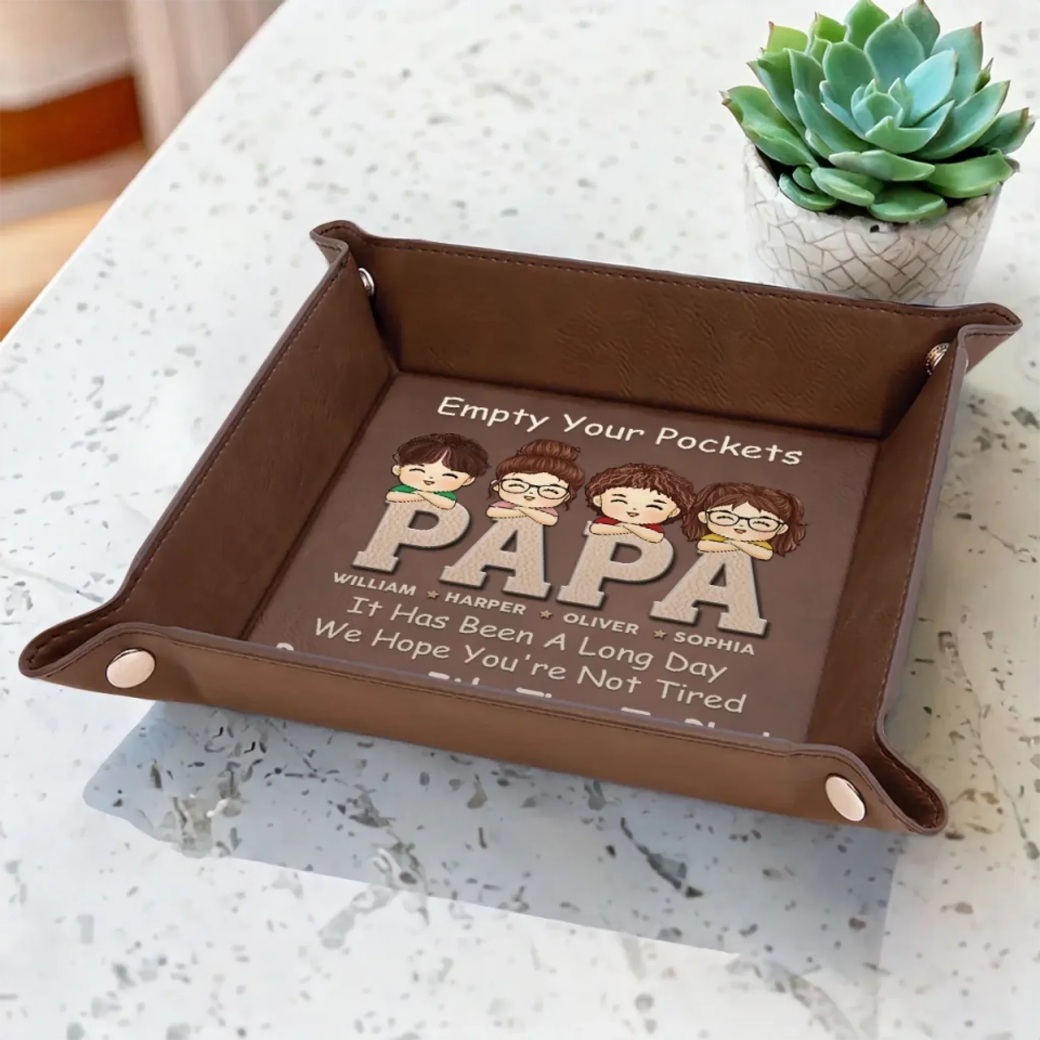 Pockets Empty, Hearts Full - Family Personalized Custom Leather Valet Tray - Father's Day, Gift For Dad, Grandpa - Image 5