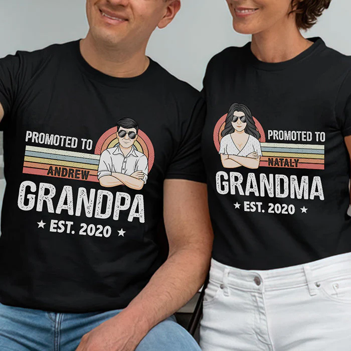 Promoted To Grandparents - Personalized Matching Couple T-Shirt - Gift For Couple, Husband Wife, Grandparents