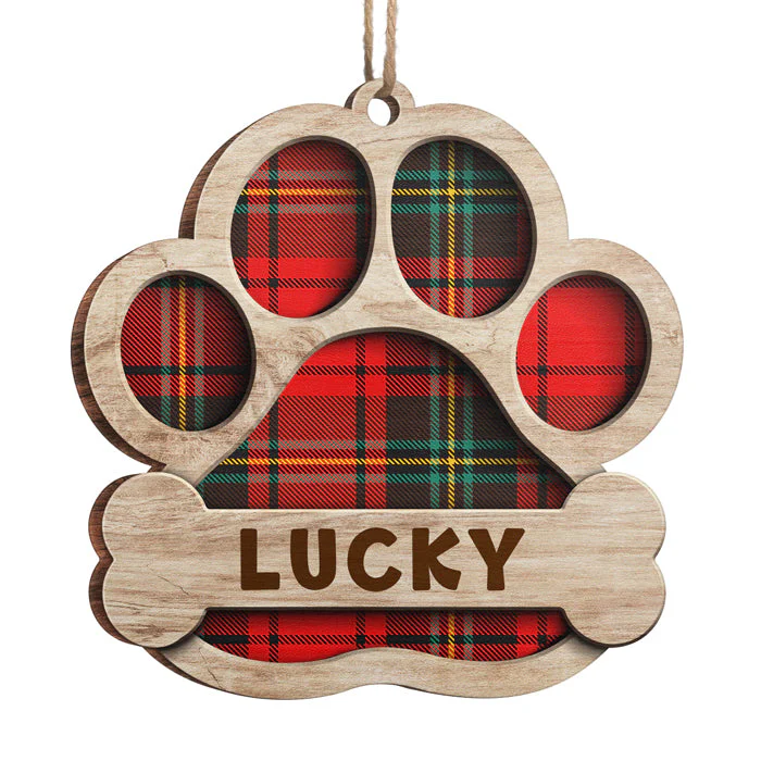 Red Blue Yellow Green Buffalo Plaid Patterns - Personalized Custom Paw Shaped Wood Christmas Ornament - Gift For Dog Lovers, Pet Lovers, Christmas Gift - Image 4