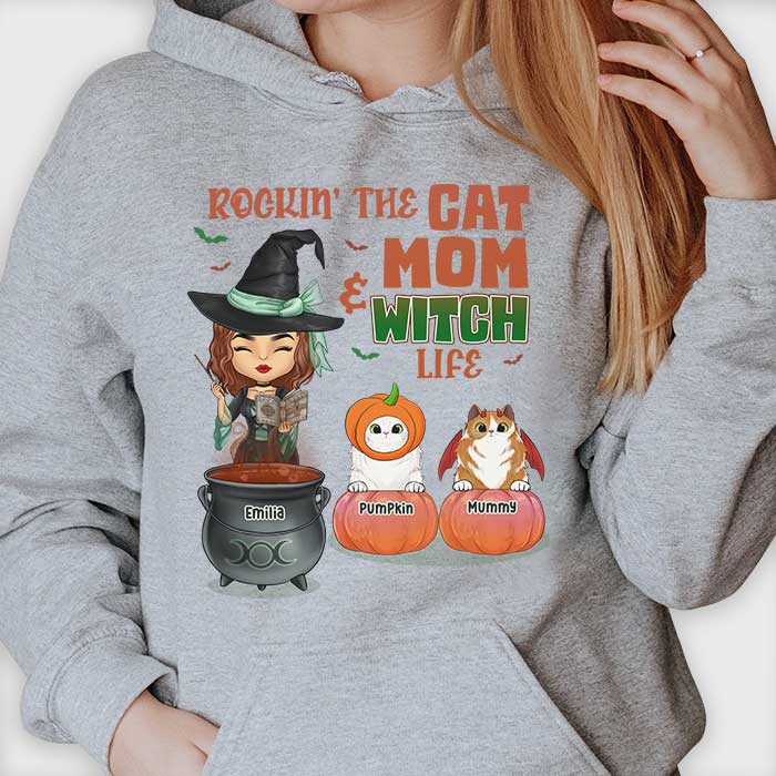 Rockin' The Cat Mom And Witch Life - Personalized Unisex T-Shirt, Hoodie, Sweatshirt - Gift For Witches, Gift For Pet Lovers, Halloween Gift - Image 2