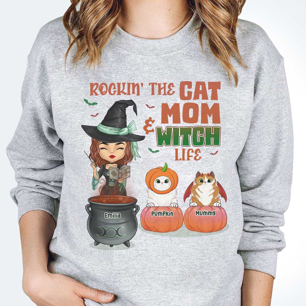 Rockin' The Cat Mom And Witch Life - Personalized Unisex T-Shirt, Hoodie, Sweatshirt - Gift For Witches, Gift For Pet Lovers, Halloween Gift - Image 3