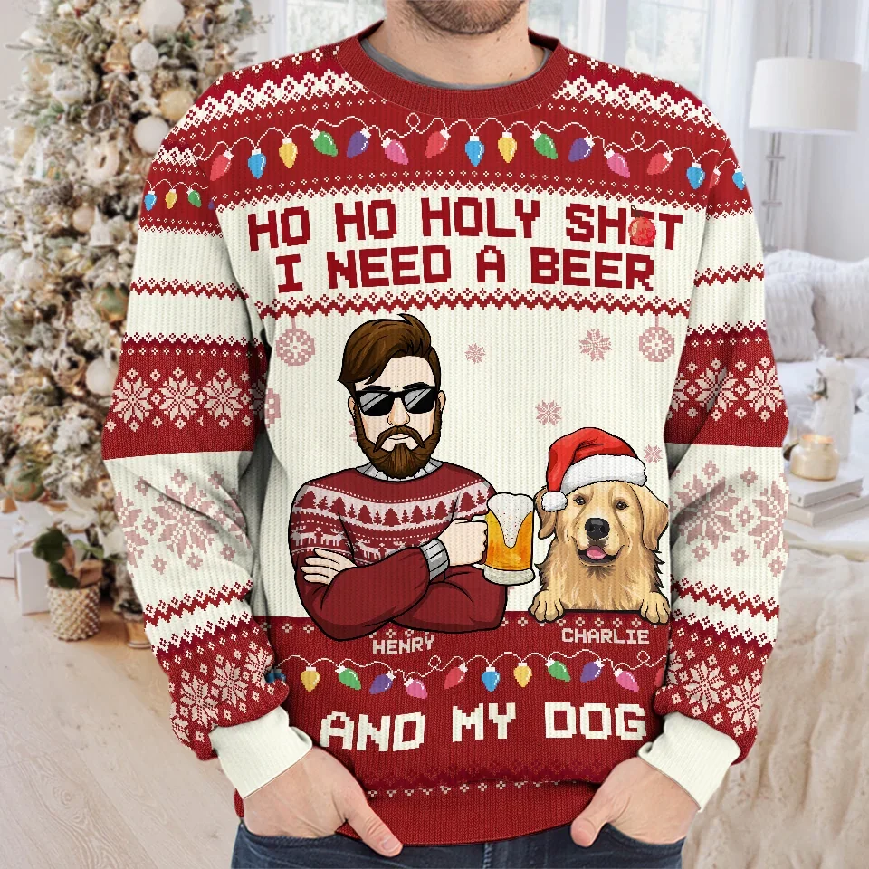 Sipping On A Beer And Snuggling With My Dog This Christmas - Dog Personalized Custom Ugly Sweatshirt - Unisex Wool Jumper - Christmas Gift For Pet Owners, Pet Lovers - Image 3