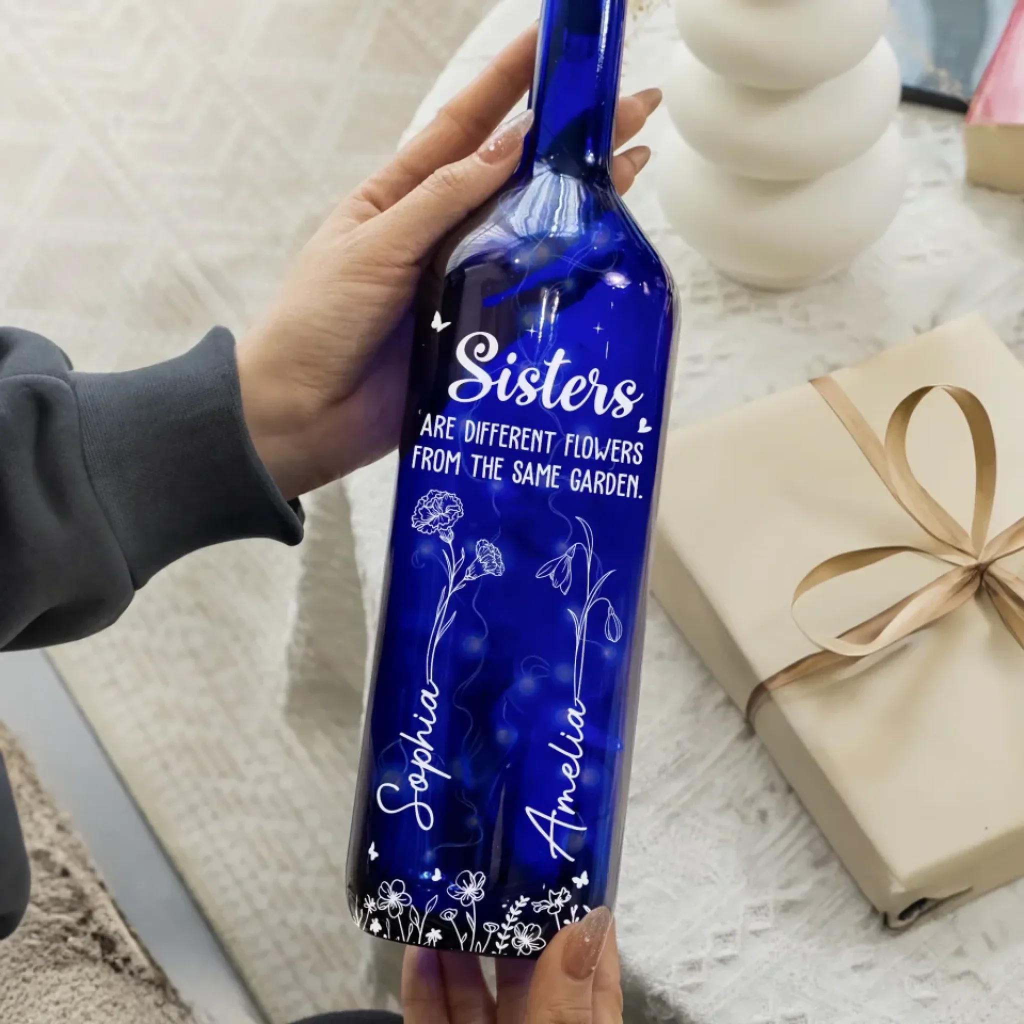 Sisters Are Different Flowers From The Same Garden - Bestie Personalized Custom Blue Bottle Lamp - Gift For Best Friends, BFF, Sisters - Image 3