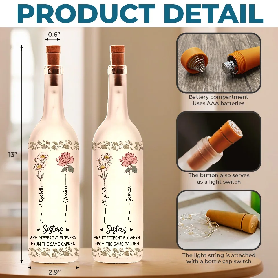 Sisters Are Different Flowers From The Same Garden - Bestie Personalized Custom Bottle Lamp - Gift For Best Friends, BFF, Sisters - Image 5