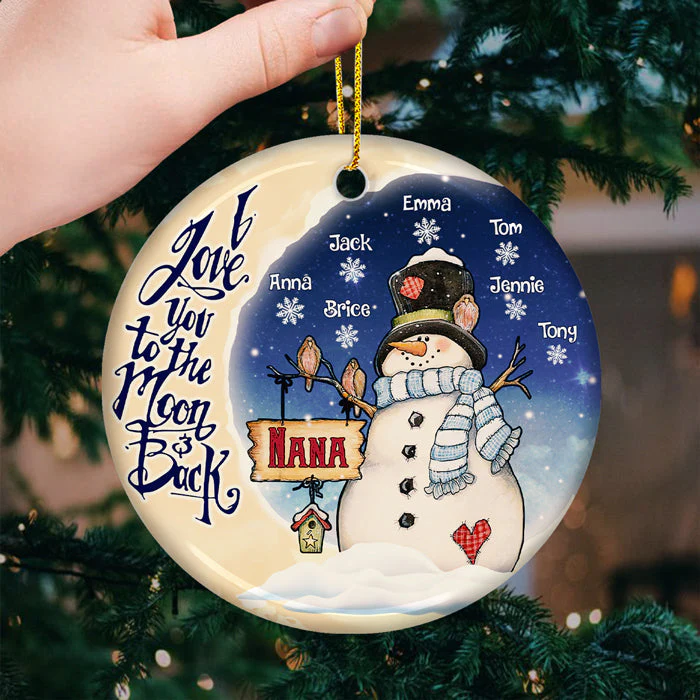 Snowman I Love You To The Moon & Back - Personalized Custom Round Shaped Ceramic Christmas Ornament - Gift For Grandma, Grandparents, Christmas Gift - Image 2