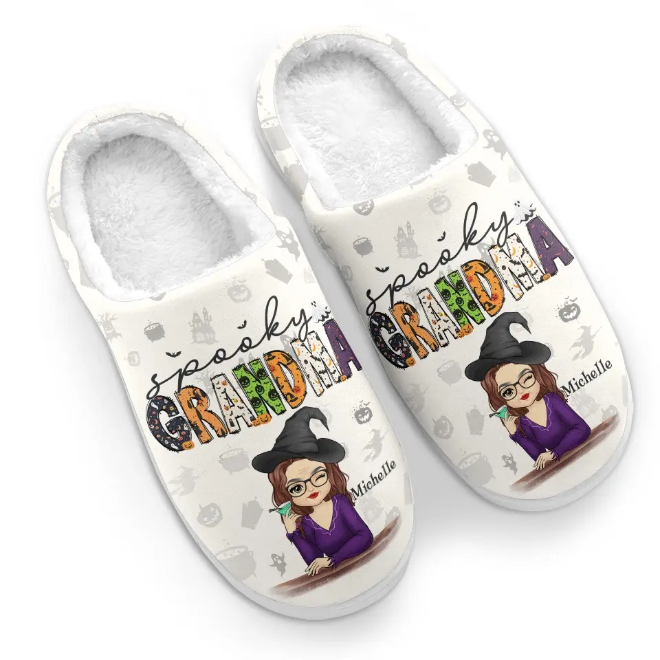 Spooky Grandma - Family Personalized Custom Fluffy Slippers - Halloween Gift For Mom, Grandma - Image 4