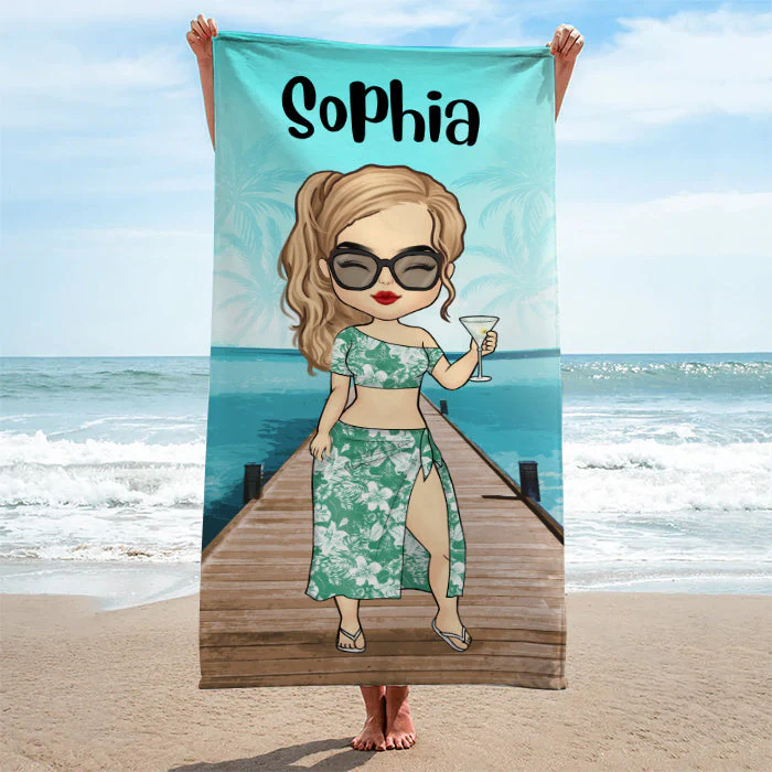 Summer Chibi Couple Beach Holiday  - Personalized Beach Towel - Gift For Couples, Husband & Wife - Image 2