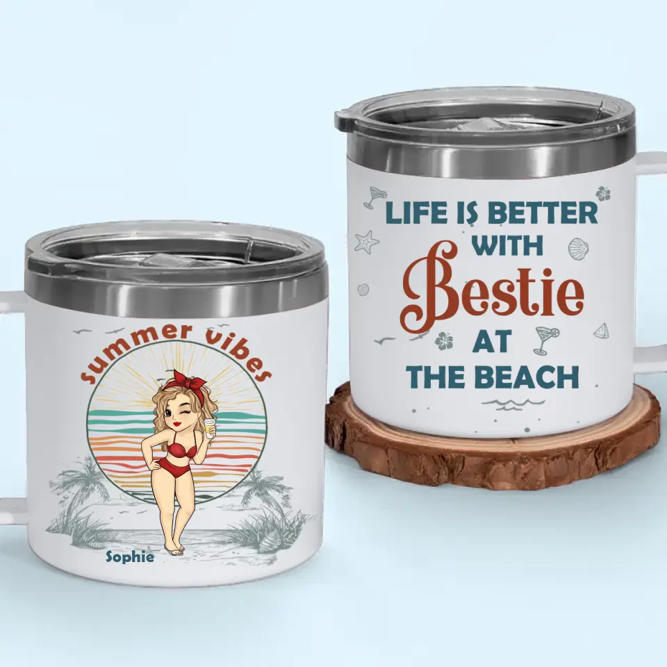Summer Is Better With Bestie - Bestie Personalized Custom 14oz Stainless Steel Tumbler With Handle - Summer Vacation Gift For Best Friends, BFF, Sisters - Image 5