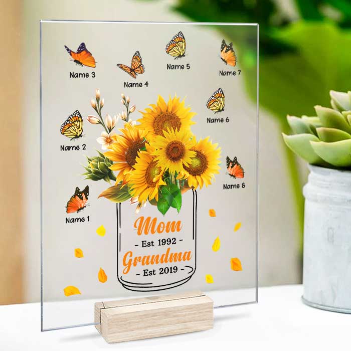 Sunflower Grandma Mom Loves Butterfly Kids  - Gift For Mom, Grandma - Personalized Acrylic Plaque - Image 3