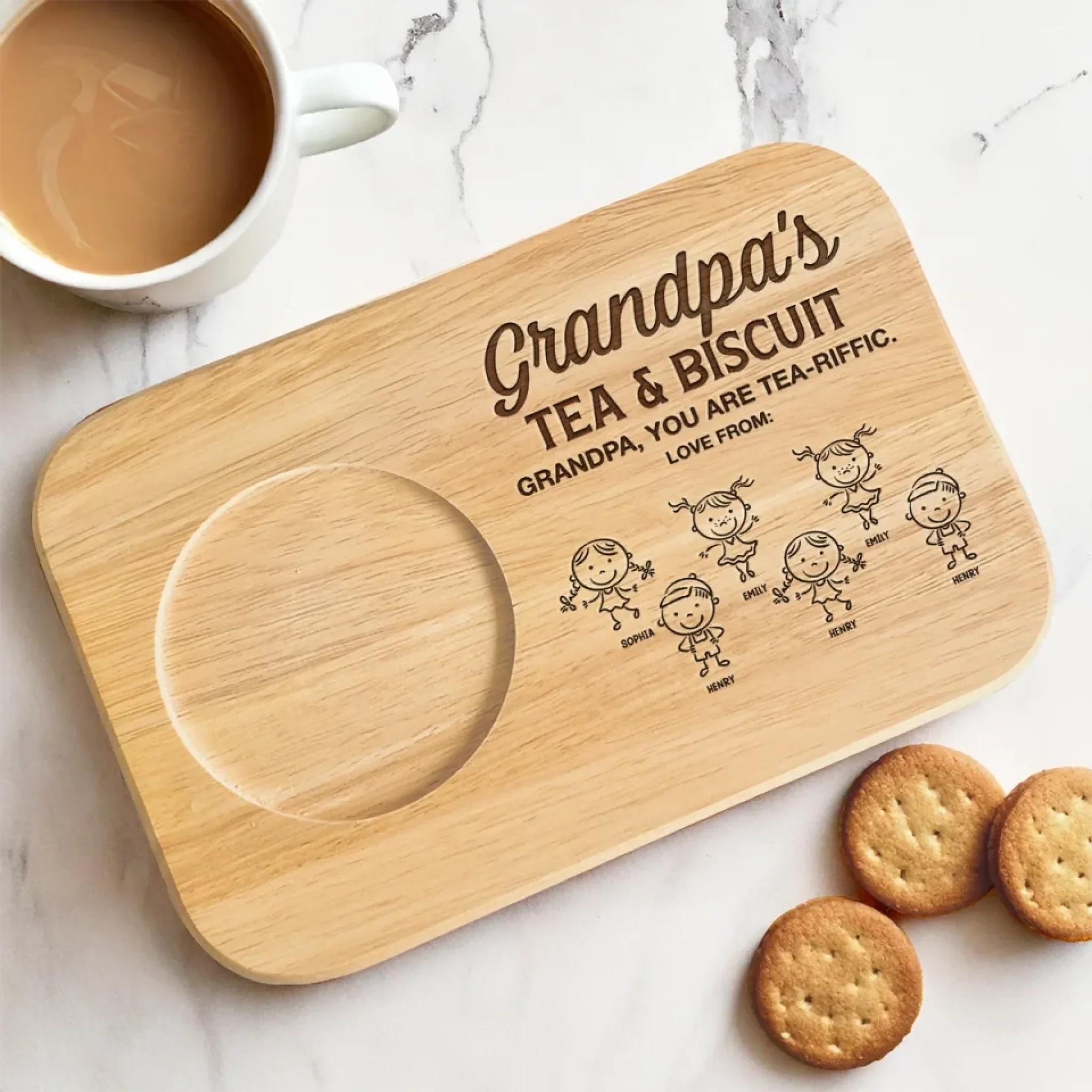 Tea, Biscuits, And Grandpa’s Wisdom - Family Personalized Custom Engraved Wooden Tea & Snack Board - Father's Day, Gift For Dad, Grandpa