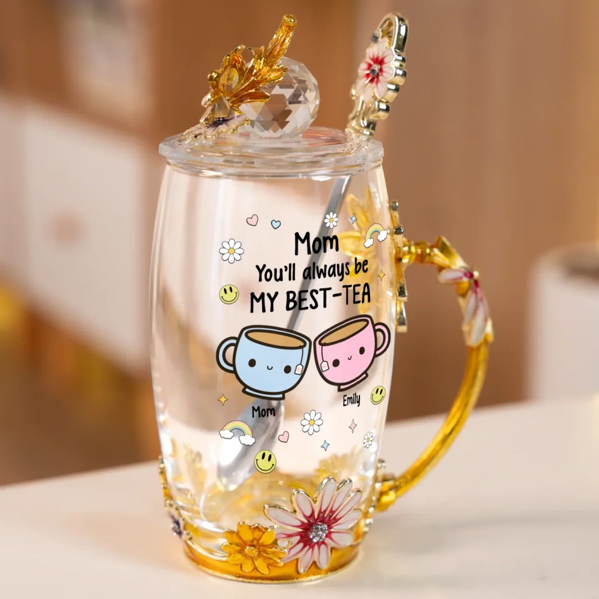 Tea Time, Love Time - Family Personalized Custom Enamel Flower Tea Cup With Lid & Spoon - Mother's Day, Gift For Mom, Daughter - Image 3
