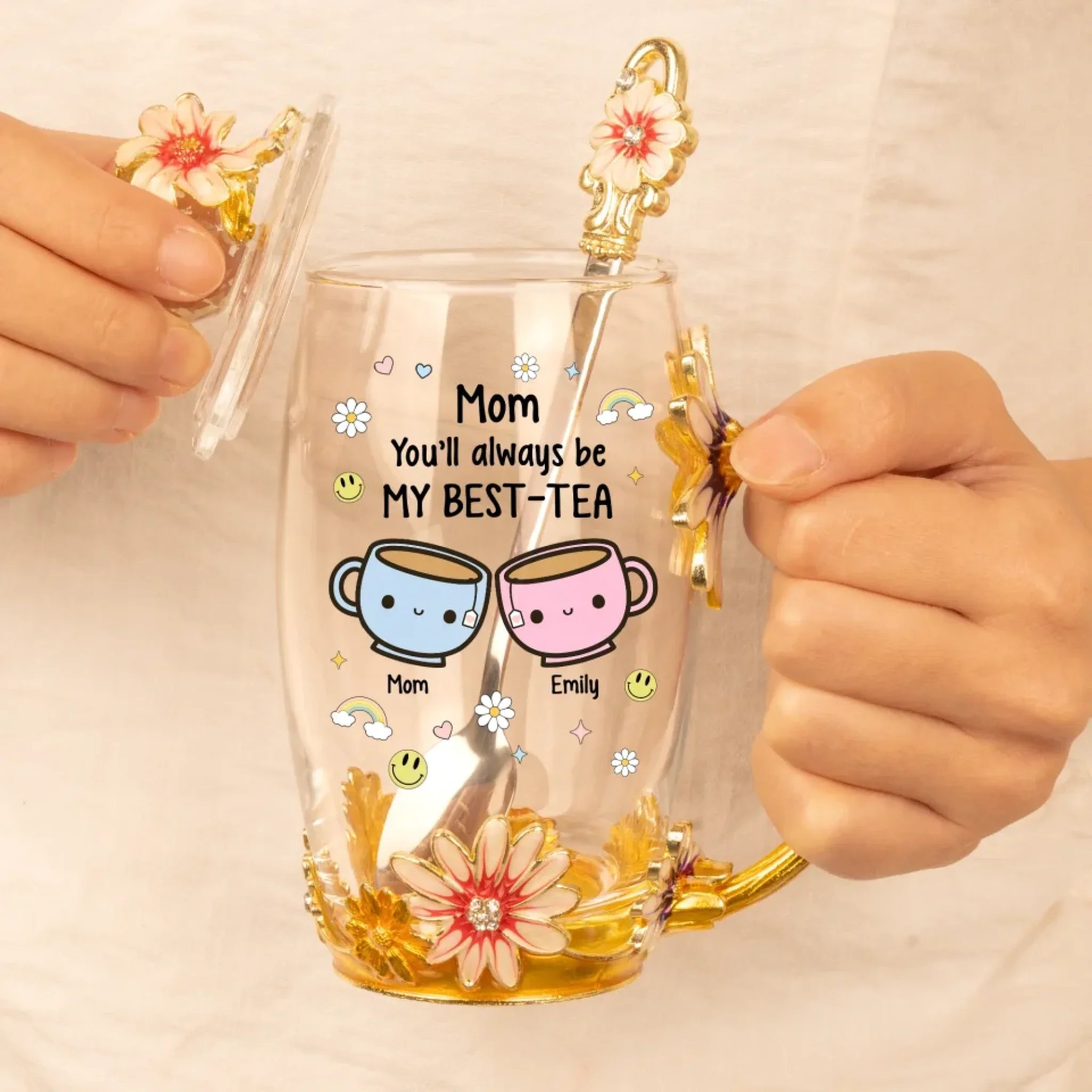 Tea Time, Love Time - Family Personalized Custom Enamel Flower Tea Cup With Lid & Spoon - Mother's Day, Gift For Mom, Daughter - Image 5