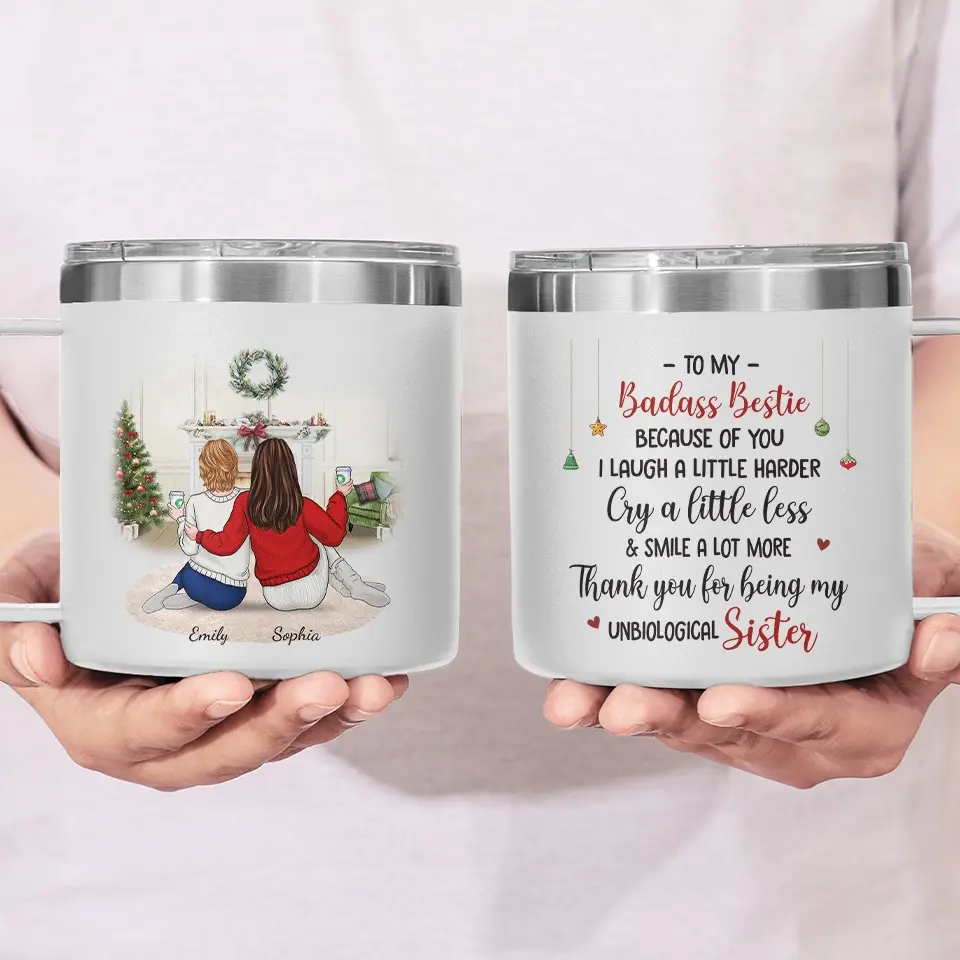 Thank You For Being My Unbiological Sister - Bestie Personalized Custom 14oz Stainless Steel Tumbler With Handle - Gift For Best Friends, BFF, Sisters - Image 3