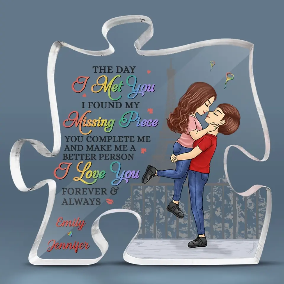 The Day I Met You I Found My Missing Piece - Couple Personalized Custom Puzzle Shaped Acrylic Plaque - Gift For Husband Wife, Anniversary, LGBTQ+ - Image 3
