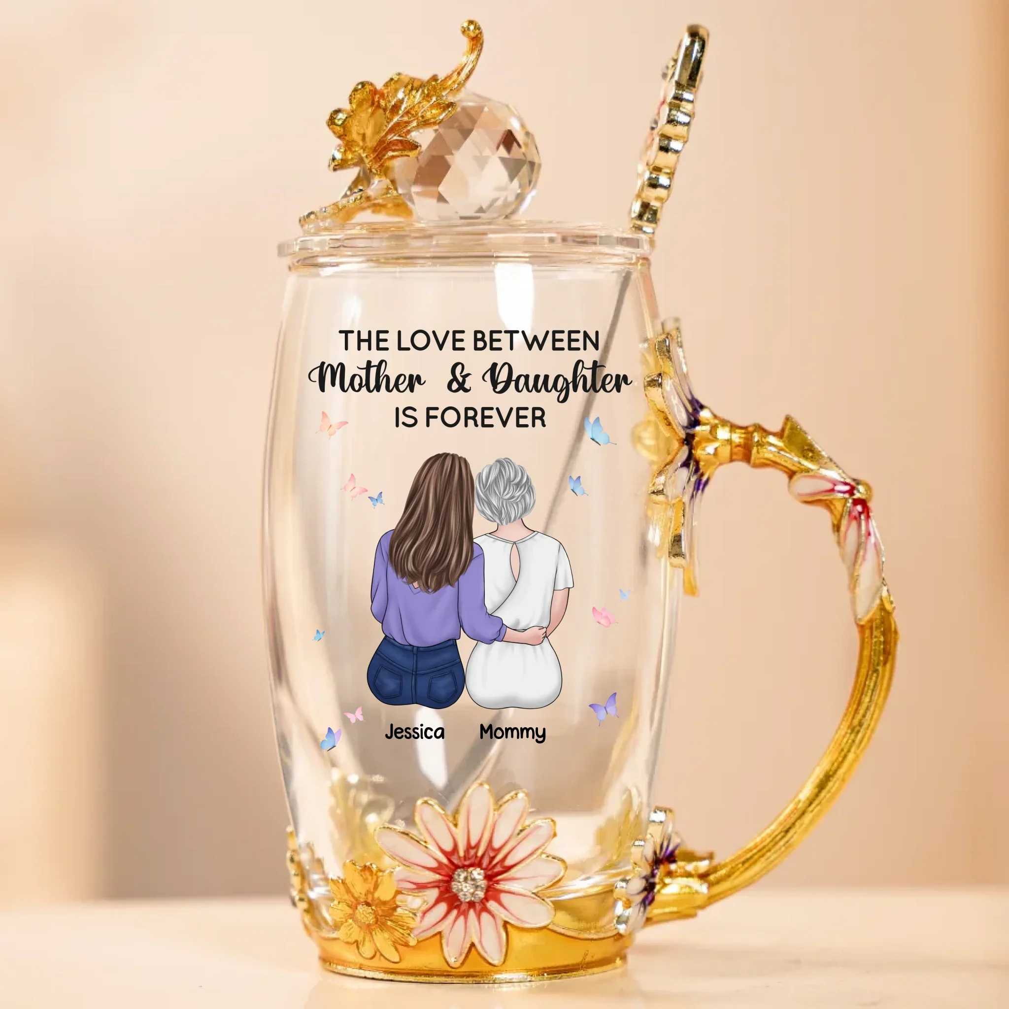 The Love Between Mother And Daughter Is Forever - Family Personalized Custom Enamel Flower Tea Cup With Lid & Spoon - Mother's Day, Gift For Mom - Image 2