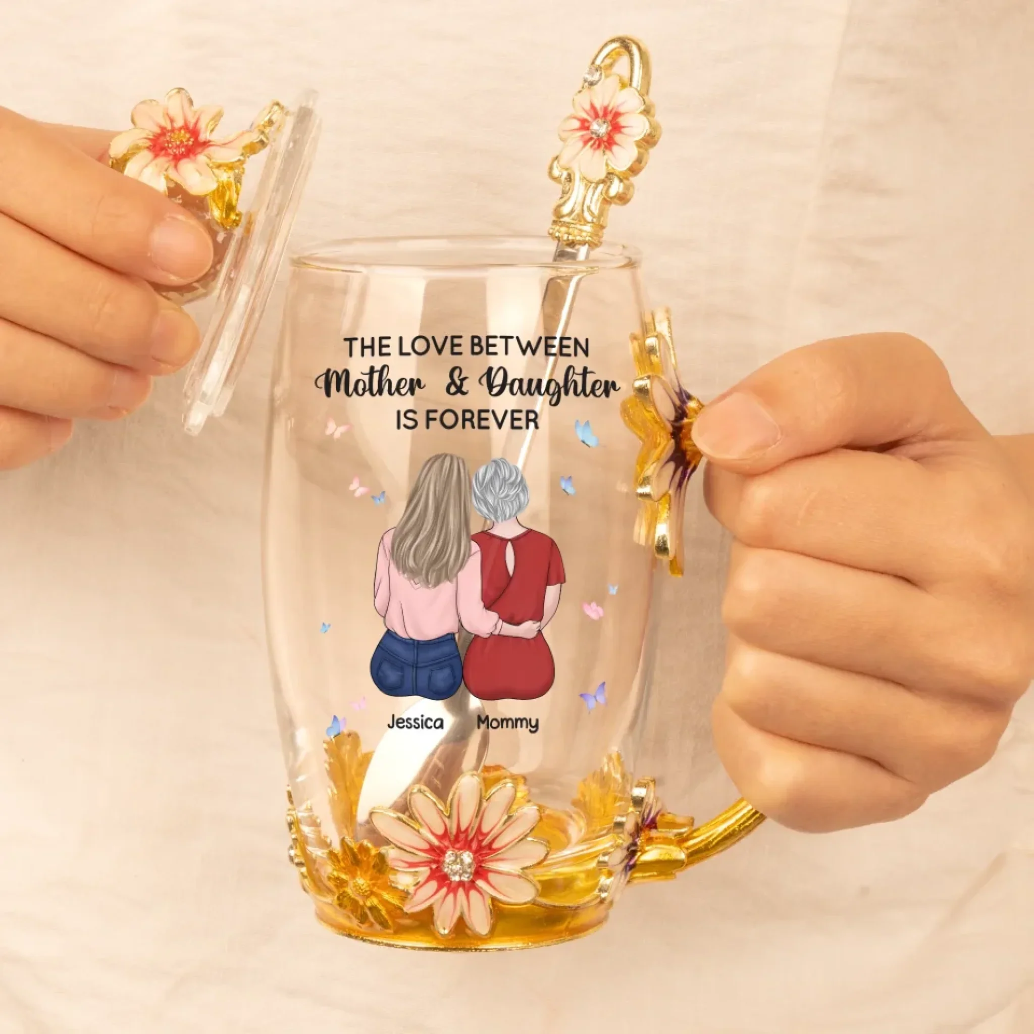 The Love Between Mother And Daughter Is Forever - Family Personalized Custom Enamel Flower Tea Cup With Lid & Spoon - Mother's Day, Gift For Mom - Image 5