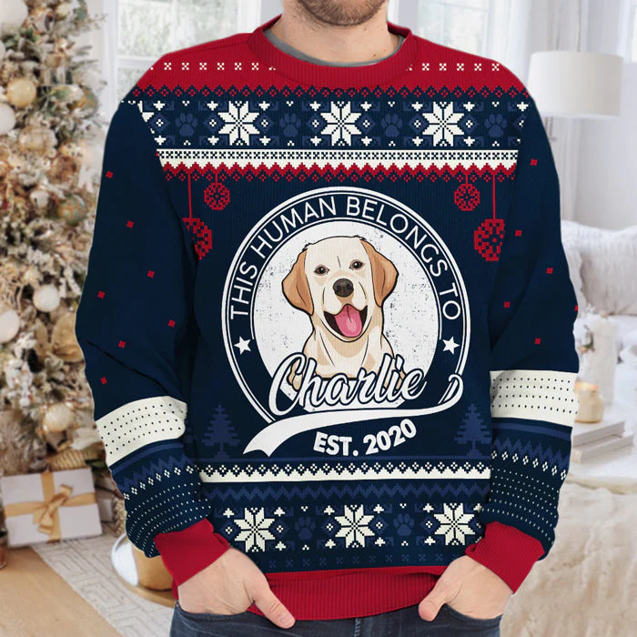 This Human Belongs To - Personalized Custom Unisex Ugly Christmas Sweatshirt, Wool Sweatshirt, All-Over-Print Sweatshirt - Upload Image, Gift For Dog Lovers, Pet Lovers, Christmas Gift - Image 4