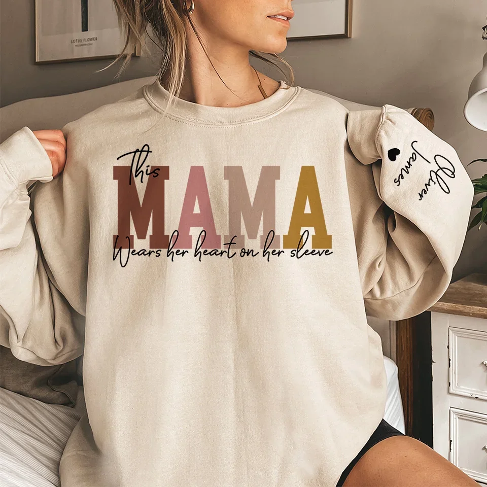 This Mama Wears Her Heart On Her Sleeve - Family Personalized Custom Unisex Sweatshirt, Hoodie With Design On Sleeve - Christmas Gift For Mom, Grandma - Image 3
