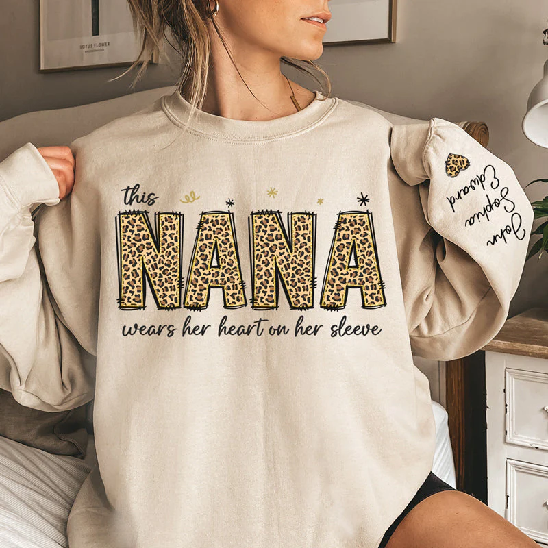 This Nana Wears Her Heart On Her Sleeve - Family Personalized Custom Unisex Sweatshirt With Design On Sleeve - Birthday Gift For Mom, Grandma - Image 2