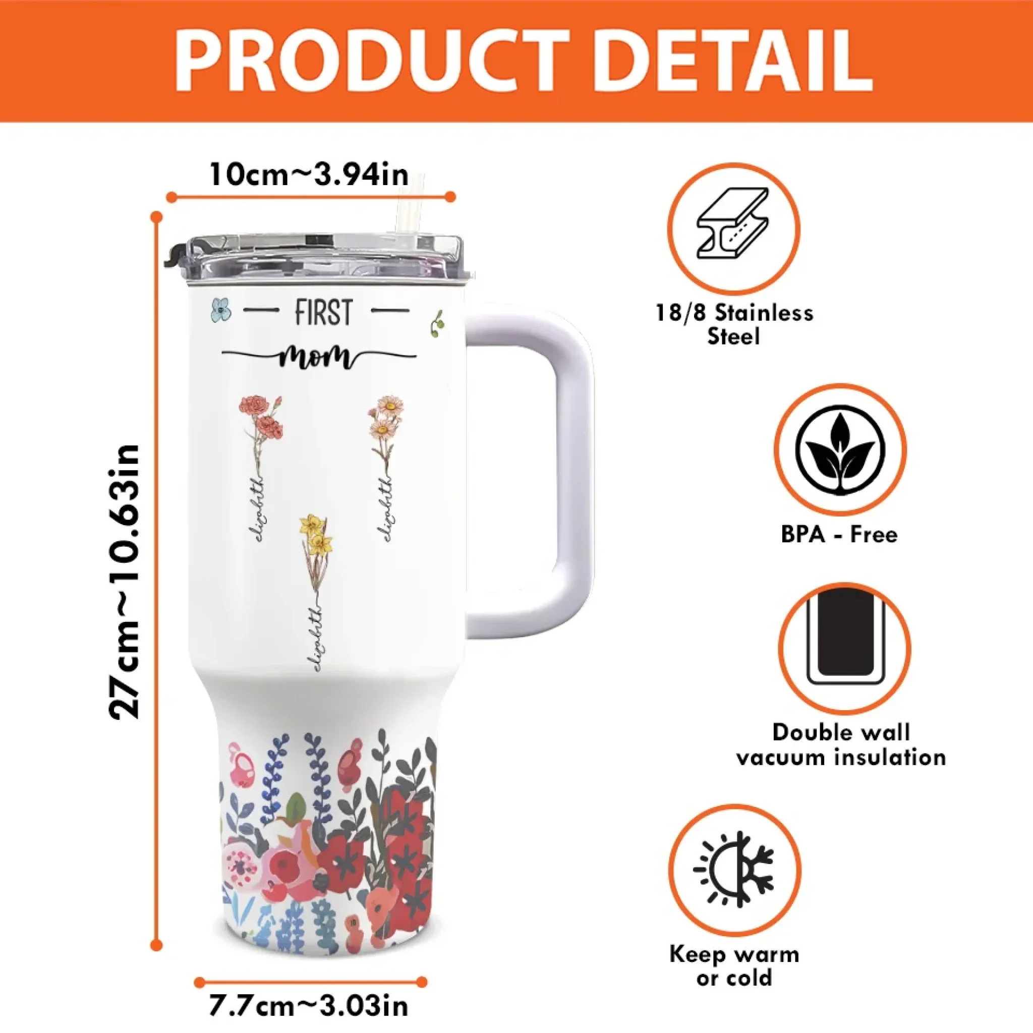 Three Generations, Blooming Together - Family Personalized Custom 40 Oz Stainless Steel Tumbler With Handle - Gift For Mom, Grandma - Image 4