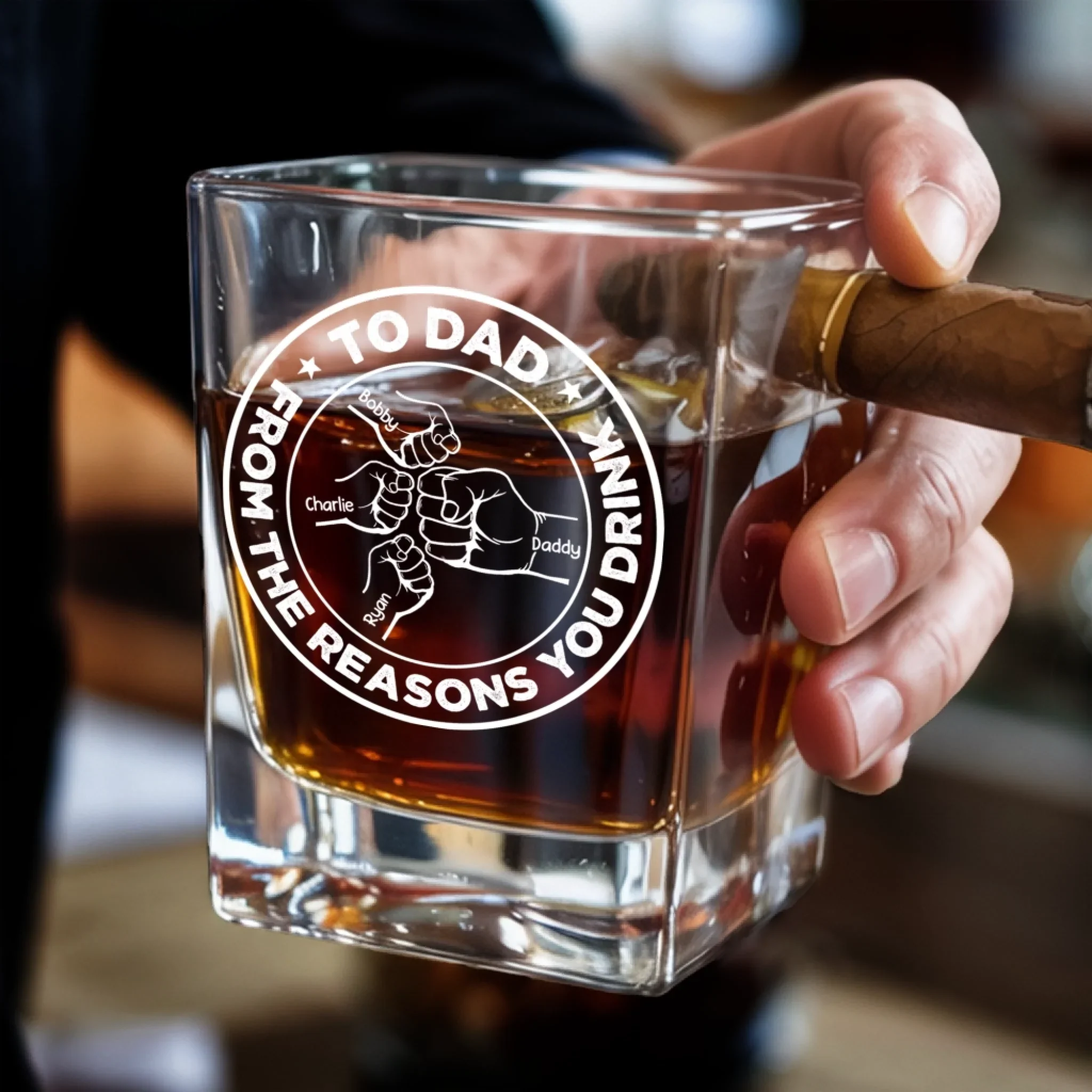 To Dad, From The Reasons You Drink - Family Personalized Custom Whiskey Glass With Cigarette Holder - Father's Day, Gift For Dad, Grandpa - Image 3