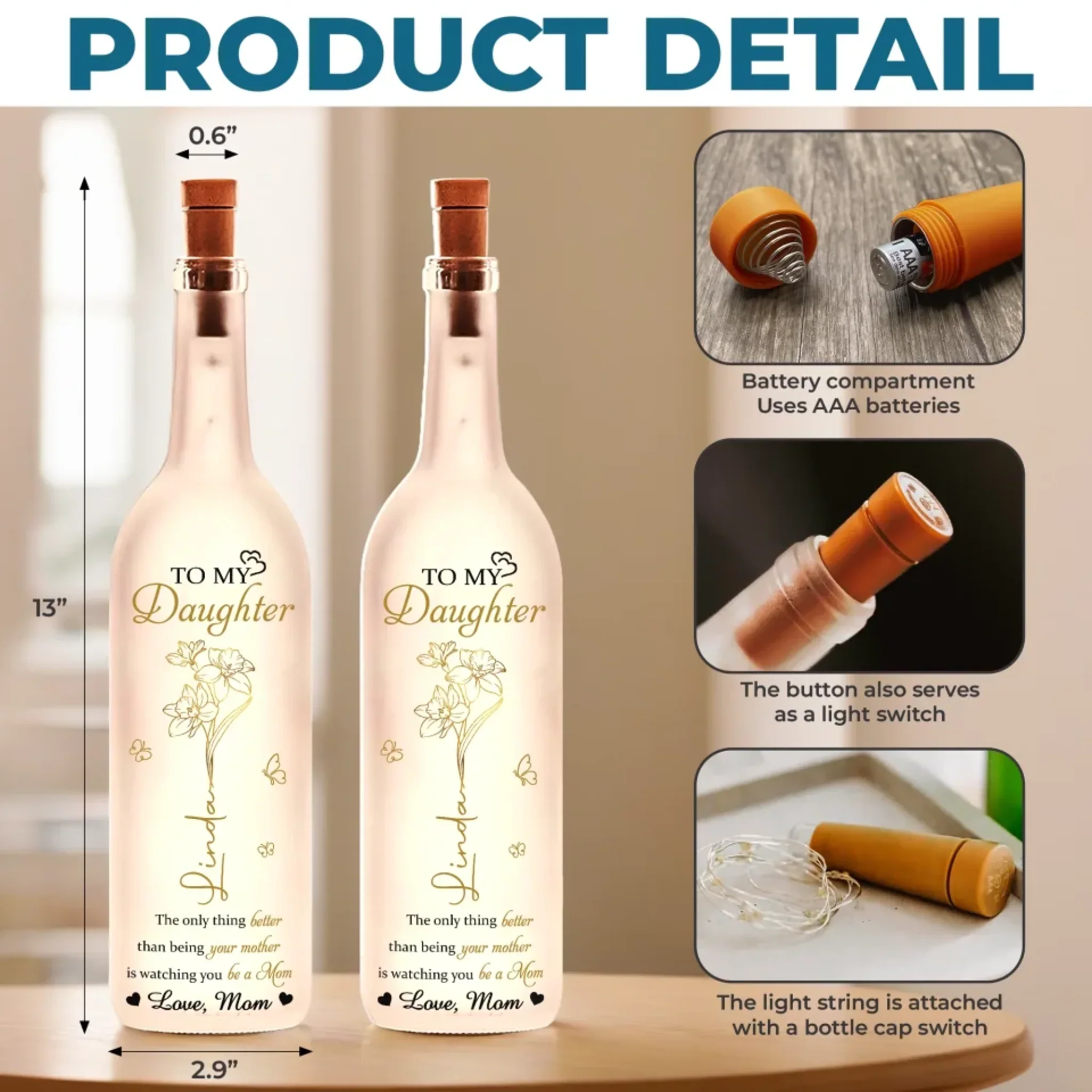 To My Beautiful Daughter - Family Personalized Custom Bottle Lamp - Mother's Day, Gift For Mom, Daughter - Image 5