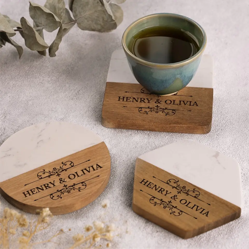 Together Is A Wonderful Place To Be - Couple Personalized Custom Marble Wood Coaster - Gift For Husband Wife, Anniversary - Image 6