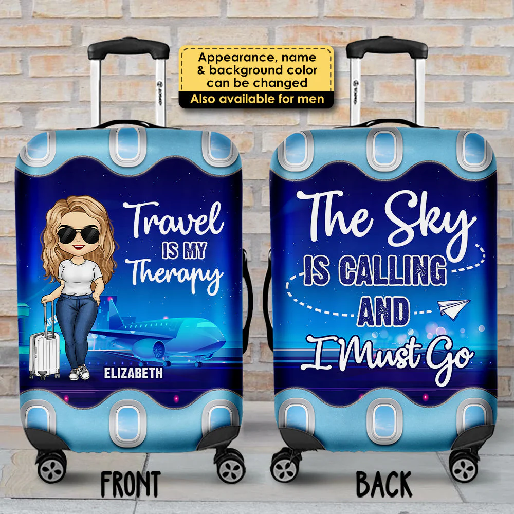 Travel Is My Therapy, The Sky Is Calling And I Must Go - Gift For Bestie - Personalized Luggage Cover - Image 3