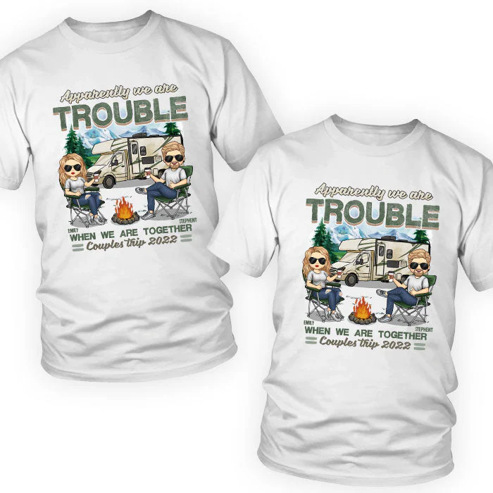 Trouble When Together, Couples Trip - Personalized Matching Couple T-Shirt - Gift For Couple, Husband Wife, Anniversary, Engagement, Wedding, Marriage, Camping Gift - Image 2