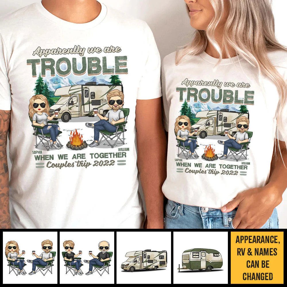 Trouble When Together, Couples Trip - Personalized Matching Couple T-Shirt - Gift For Couple, Husband Wife, Anniversary, Engagement, Wedding, Marriage, Camping Gift - Image 5