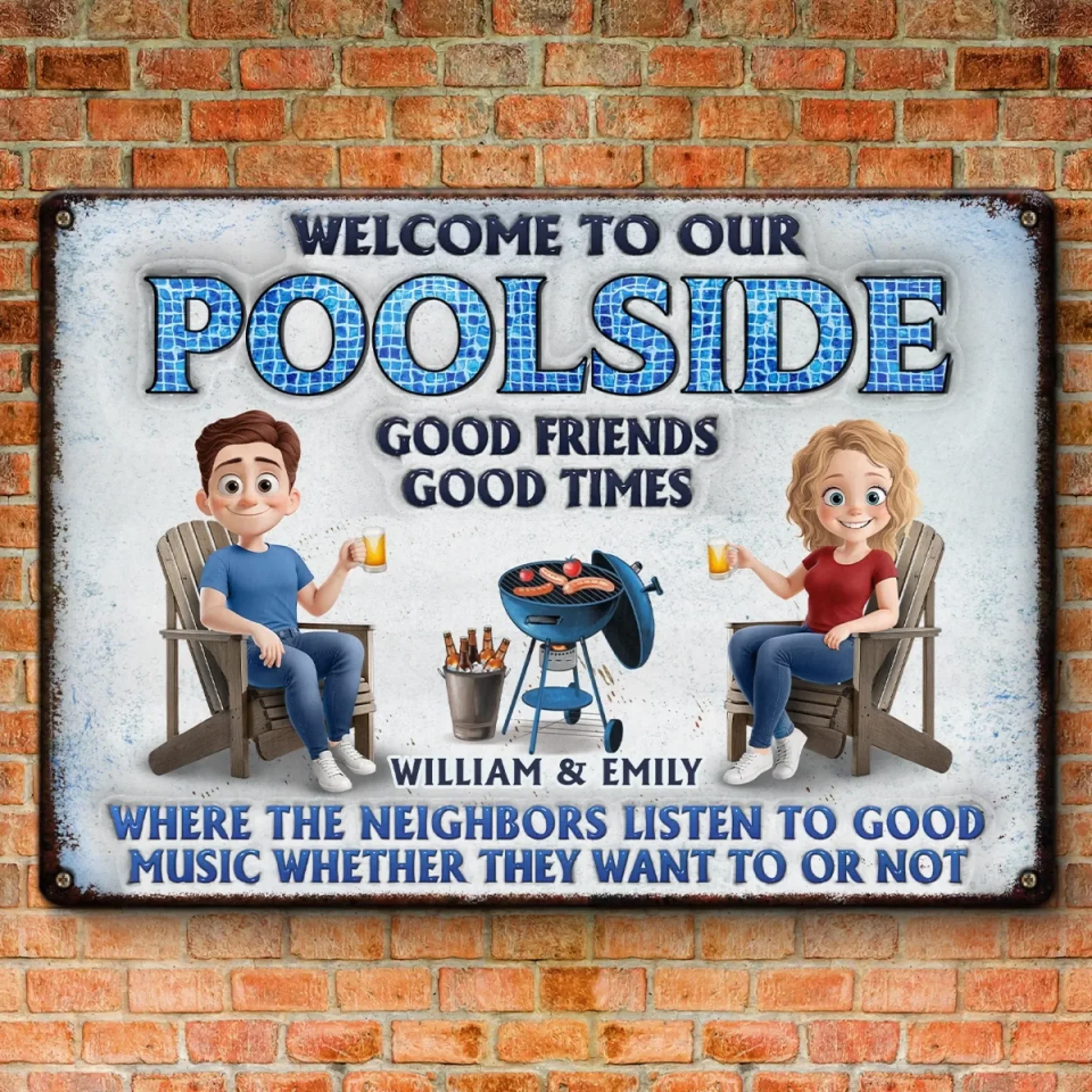 Welcome To Our Poolside, Where The Fun Never Stops - Couple Personalized Custom Home Decor Metal Sign - House Warming Gift For Husband Wife, Anniversary - Image 3