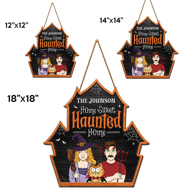 Welcome To Our Sweet Haunted Home - Couple Personalized Custom Shaped Home Decor Witch Wood Sign - Halloween Gift For Husband Wife, Pet Owners, Pet Lovers - Image 4