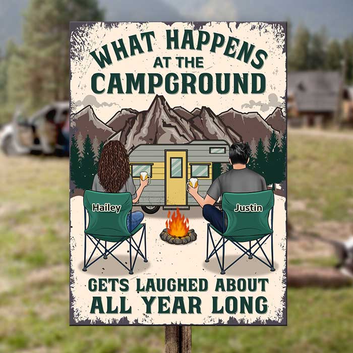 What Happens At The Campground, Gets Laughed About All Year Long - Gift For Camping Couples, Personalized Metal Sign - Image 2